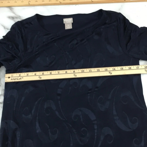 3/$20 Chico’s Travelers Navy Tunic Top Womens 0P Small Petite 3/4 Sleeve Scroll‎ - Picture 10 of 15